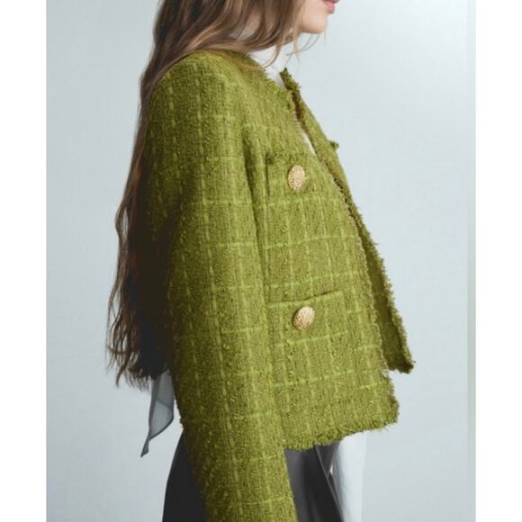 Mango Tweed Jacket with Jewel Buttons Green women's S Classic - Picture 6 of 13